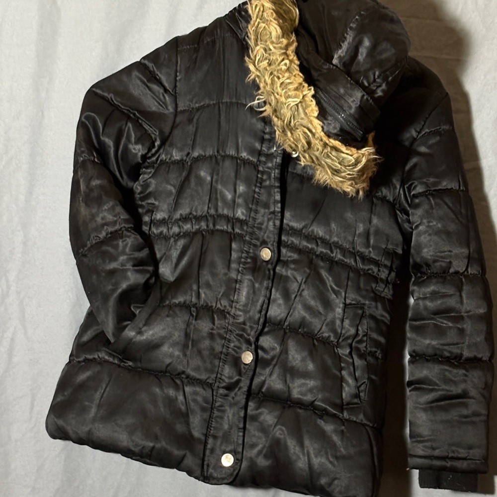 Athletech Black Puffer Jacket with Tan Faux Fur Hood